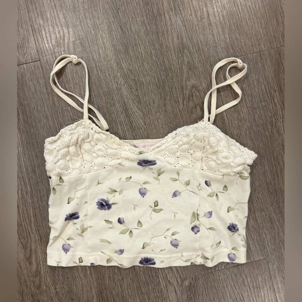 Victoria's Secret Cream Floral Lace-Trim Cami with Purple Blossoms